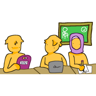 Three people sitting at school desks. The one on the left is holding a pink aac device with a label that says aac. To the right a person on looking at them, and typing on a Chromebook. To the right of them is a person wearing a pink hijab and working on homework. Behind them is a chalkboard with a person sitting and a clock